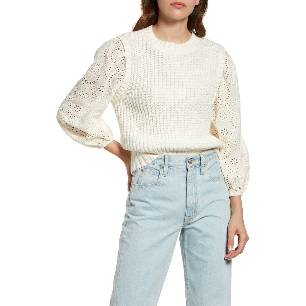 Rails Dhalia Eyelet Sleeve‎ Sweater LARGE Chunky Shaker Stitch Pullover Ivory